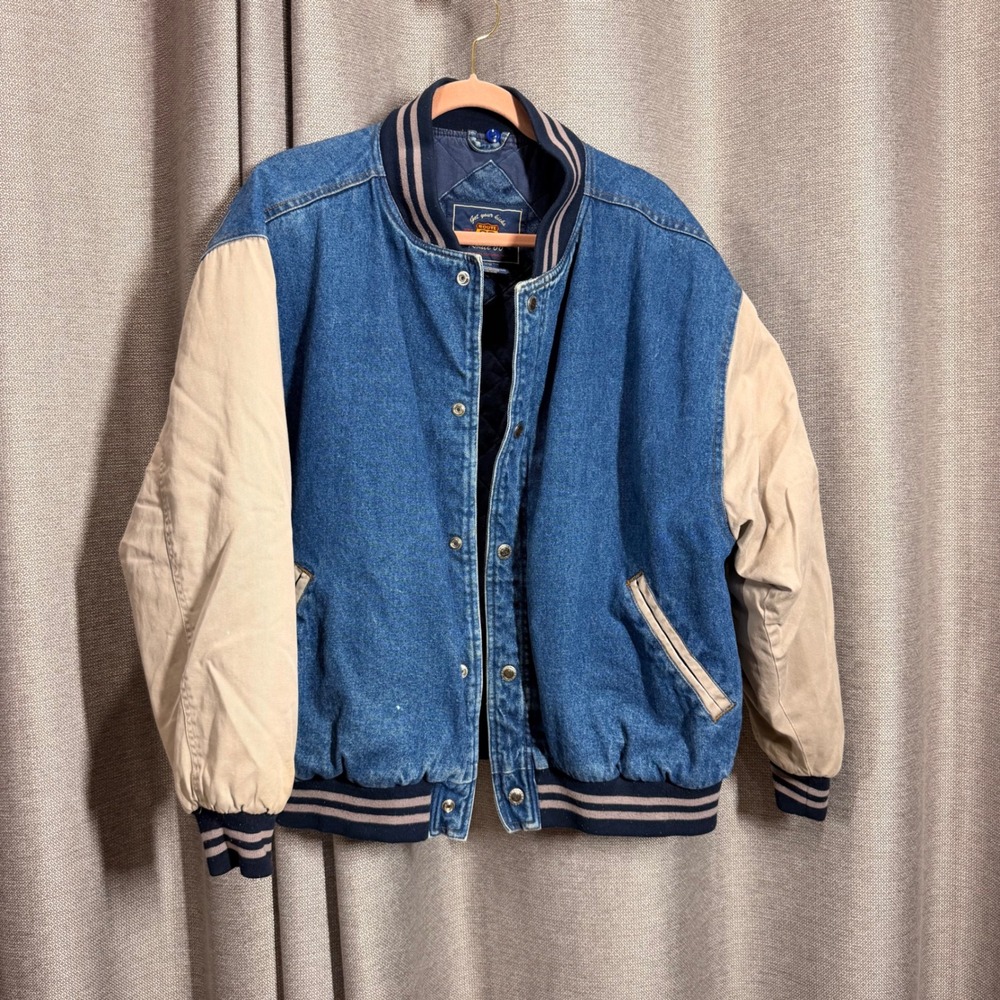 Route 66 Denim Varsity Jacket Mens Large Blue Tan Good Quilted Bomber barn